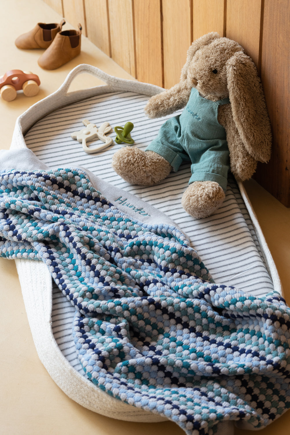 Personalised Bunny & Confetti Stripe Blanket Bundle - Blue - NanaHuchy