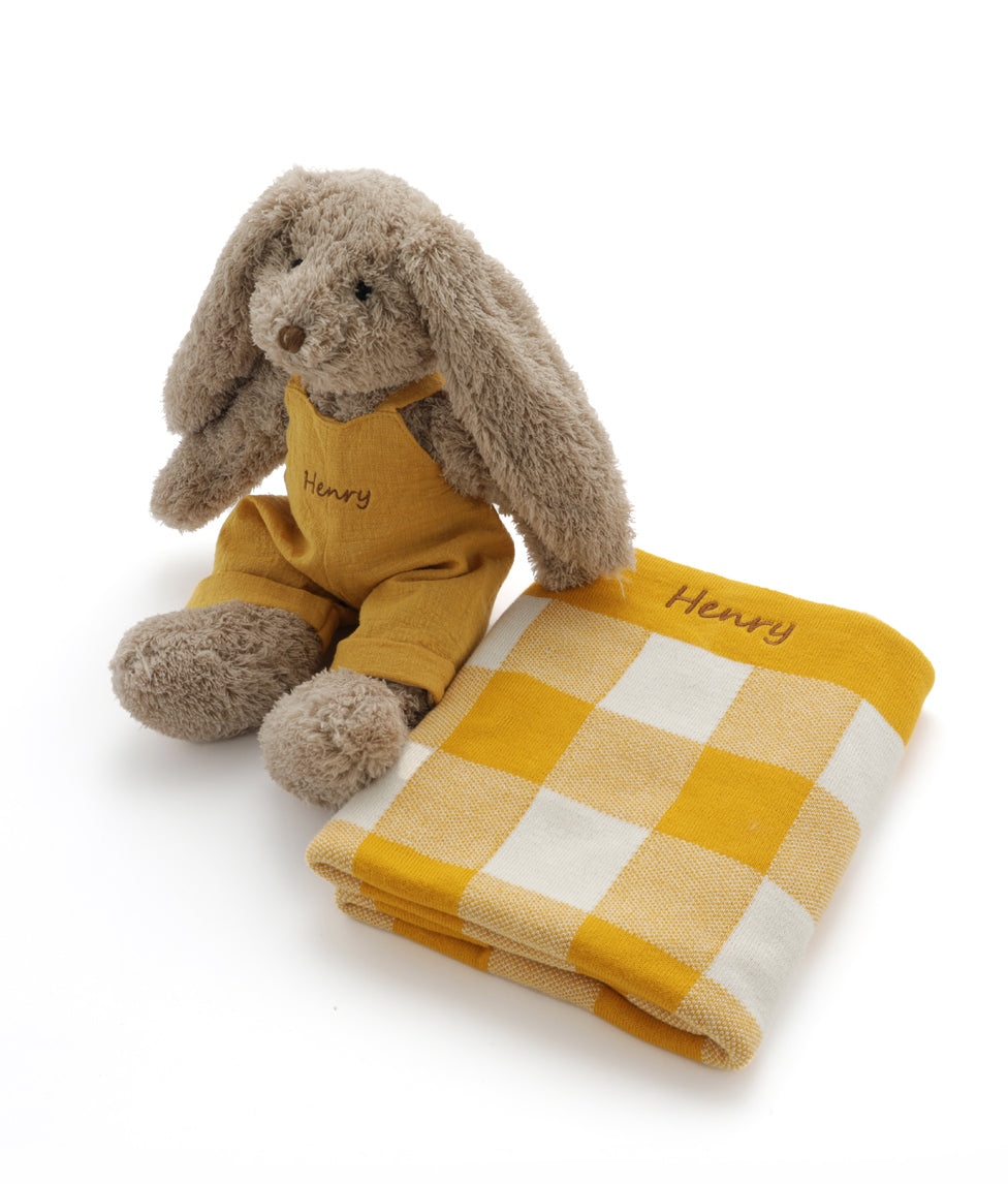 Personalised Bunny & Gingham Blanket Bundle - Mustard - NanaHuchy
