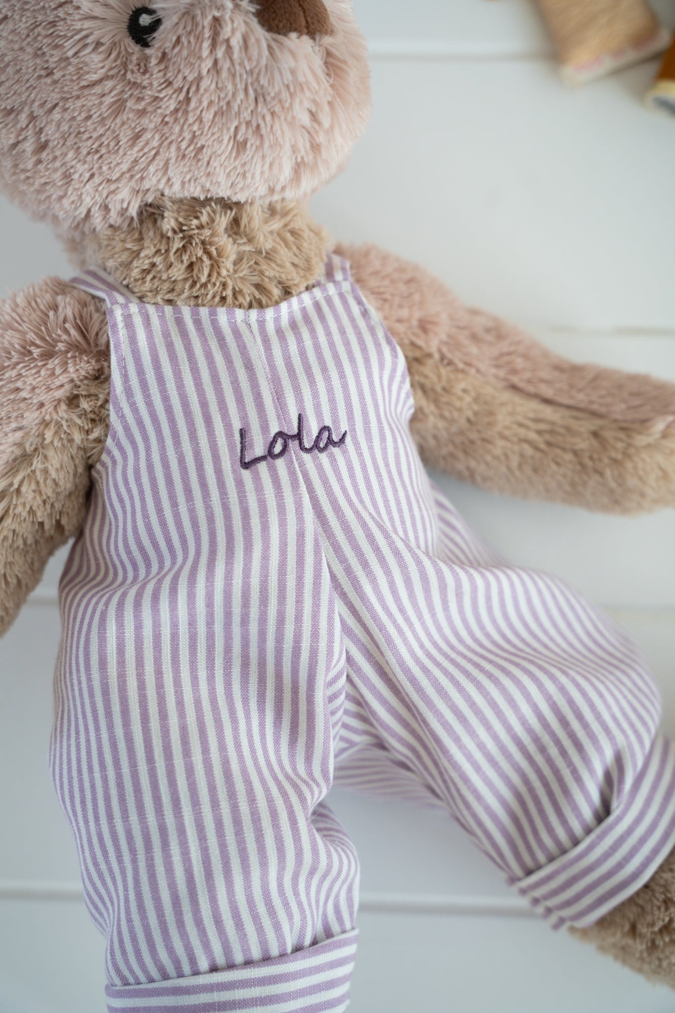 Personalised Honey Bear Overalls - Lilac Stripe - NanaHuchy