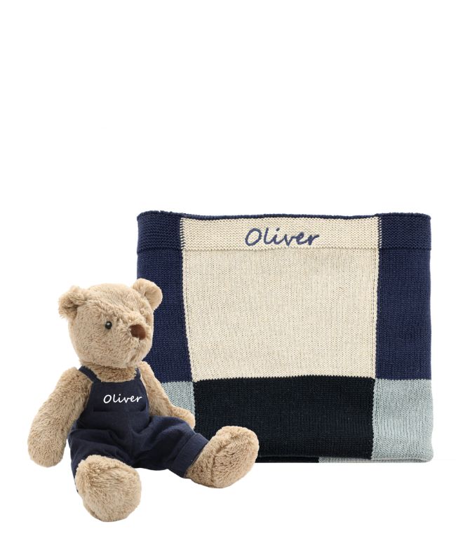 Personalised Bear & Patchwork Blanket Bundle - Blue - NanaHuchy