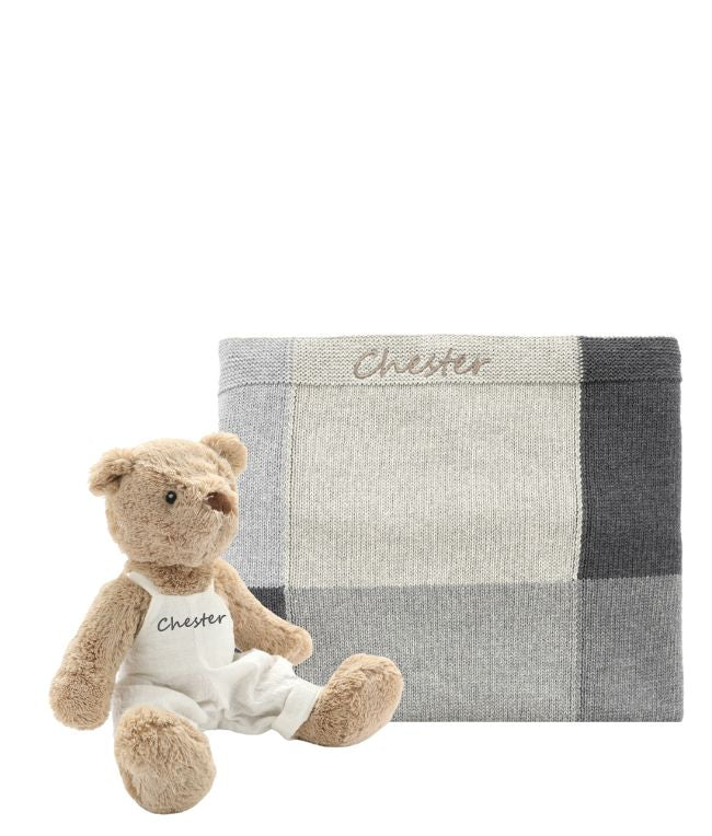 Personalised Bear & Patchwork Blanket Bundle - Grey - NanaHuchy