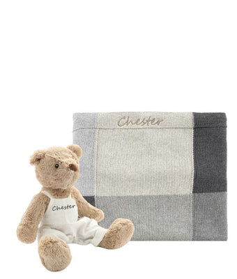 Personalised Bear & Patchwork Blanket Bundle - Grey - NanaHuchy