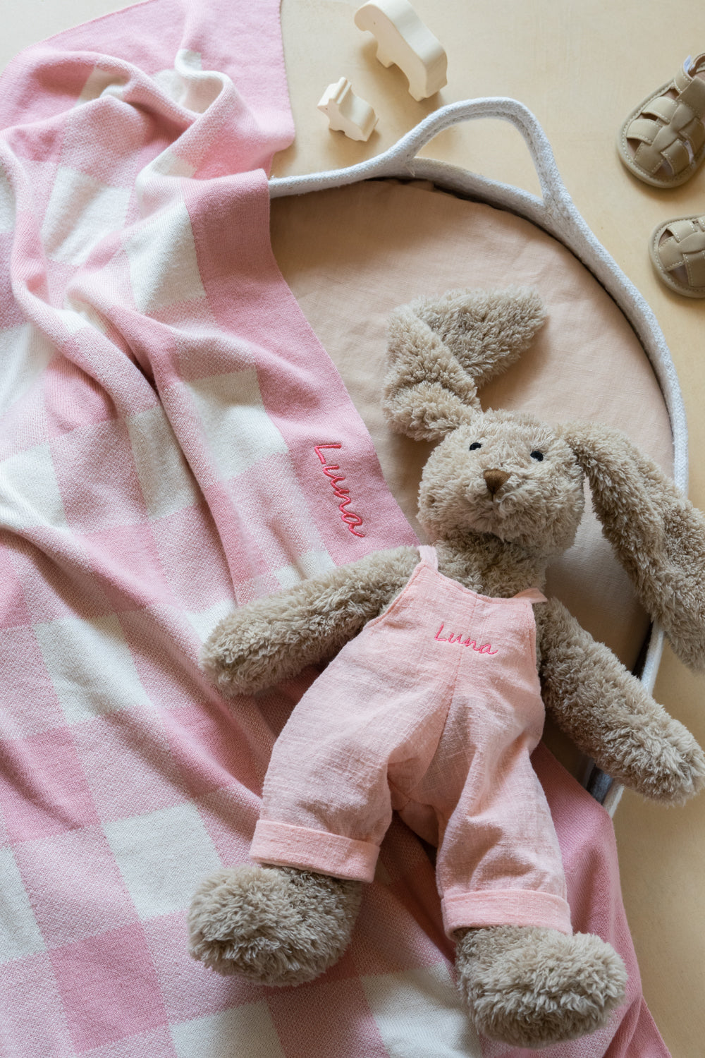 Personalised Bunny & Gingham Blanket Bundle - Baby Pink - NanaHuchy