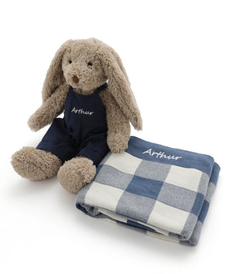 Personalised Bunny & Gingham Blanket Bundle - Navy - NanaHuchy