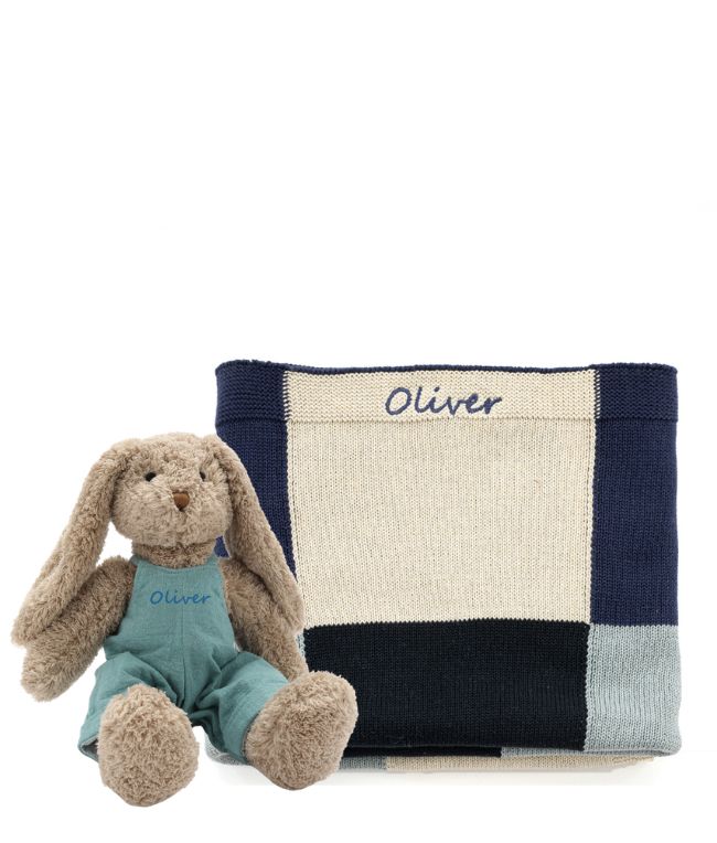 Personalised Bunny & Patchwork Blanket Bundle - Blue - NanaHuchy